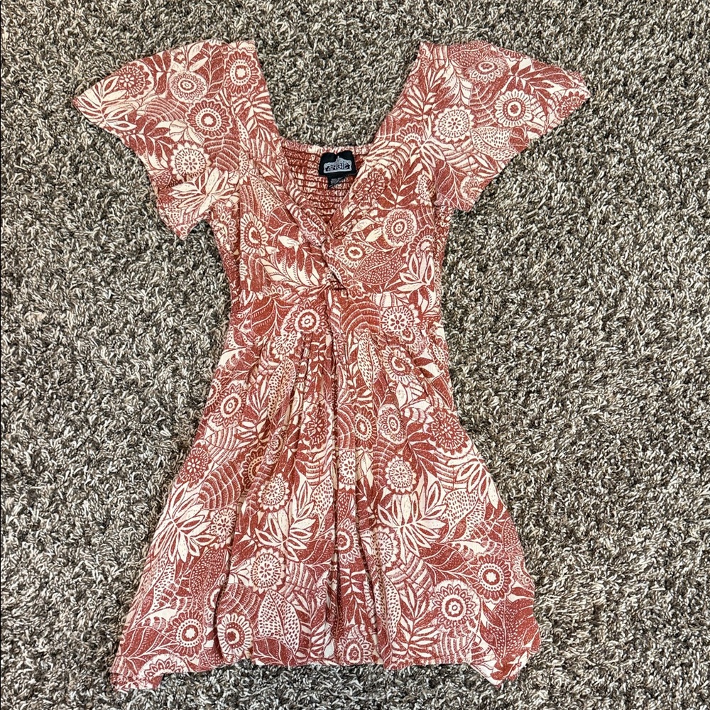 Angie Rust and White Floral Surplice Dress